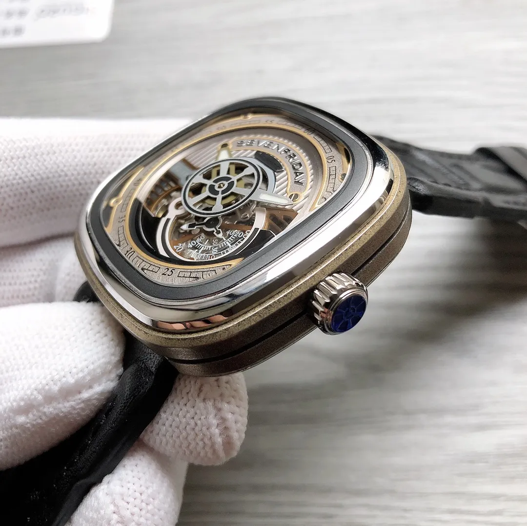 【Authentic Tmall】💰1640! SevenFriday Model: S2/01 Mechanical men's watch, polished rhodium "S" plate from 4 to 5 o'clock, with transparent disc seconds hand, Miyota 82S5 open balance wheel, 40 hours power reserve, size 47*47mm! 316L stainless steel case supports NFC function